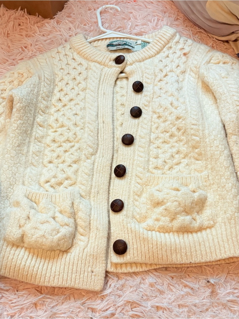 Aran Crafts Cream Cable Knit Cardigan with Dark Buttons